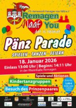 ❤️🤍💚 Jetzt ist es bald soweit: ❤️🤍 💚

Am 18. Januar findet in der Rheinhalle die große PänzParade statt 🥳 🥳🥳

Unsere Sitzungspräsidenten Finja und Alexander freuen sich auf viele junge Narren in bunten Kostümen 🤡🤠👽👻👸🧙‍♂️🧚‍♂️ 
- und natürlich deren Begleitung.

Neben der beliebten Hüpfburg erwartet euch ein buntes Programm mit Kinder- und Jugendtanzgruppen, Spielen und auch das Prinzenpaar hat seinen Besuch angekündigt.🍬🍬🍬 

Einlass ist ab 13 Uhr, der Eintritt kostet 5 € (Kinder unter 3 Jahren zahlen nichts).

Wir freuen uns auf euch 🥳🥳🥳